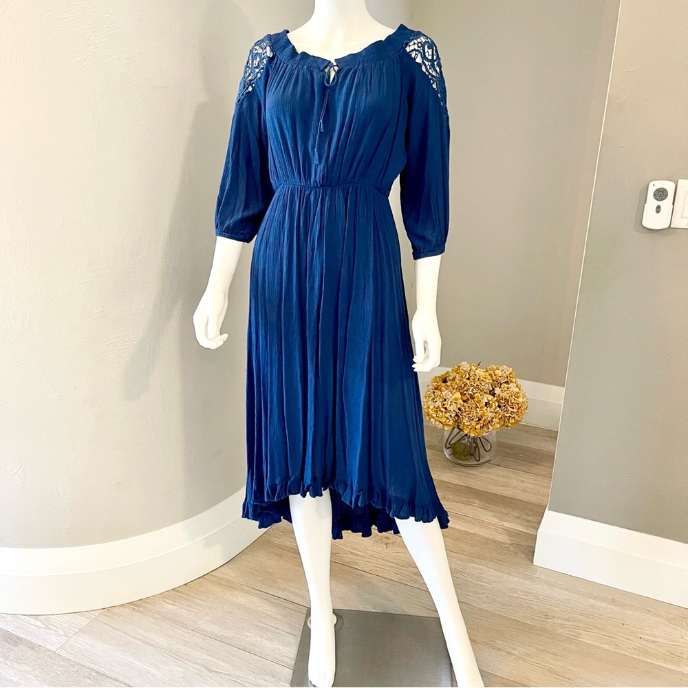 S Elegant Navy Blue Midi Dress high low ,on or off sholders